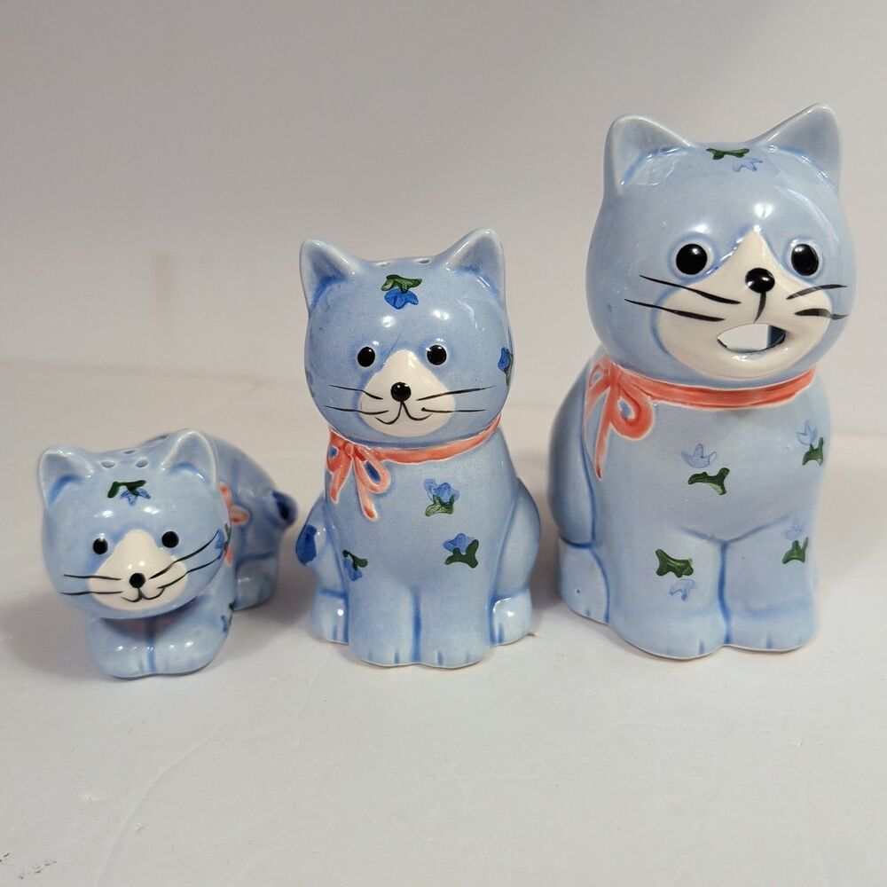 Vtg Otagiri Ceramic Blue Cat Salt & Pepper Shaker & Creamer Set 1980's
